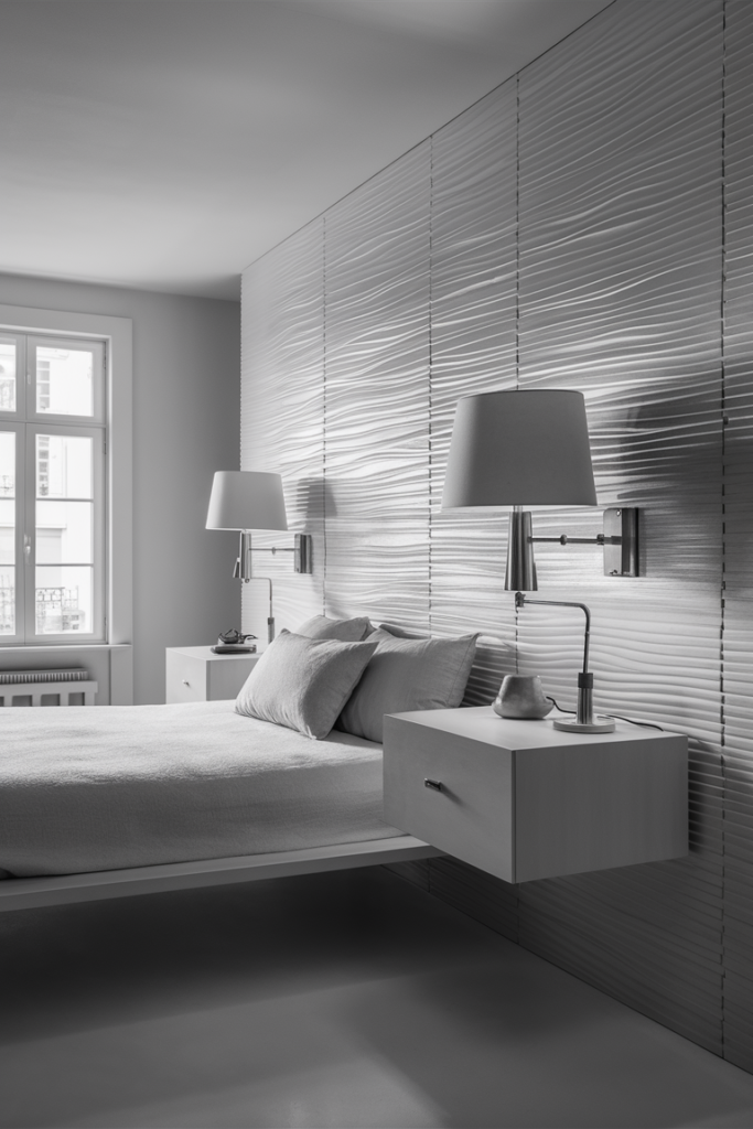Visually stunning modern bedroom with floating nightstands