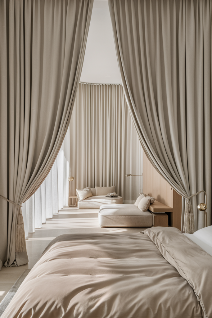 Serene and stylish bedroom with floor-to-ceiling curtains