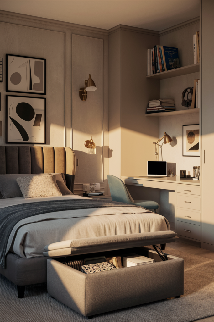 Chic and cozy bedroom featuring stylish hidden storage solutions