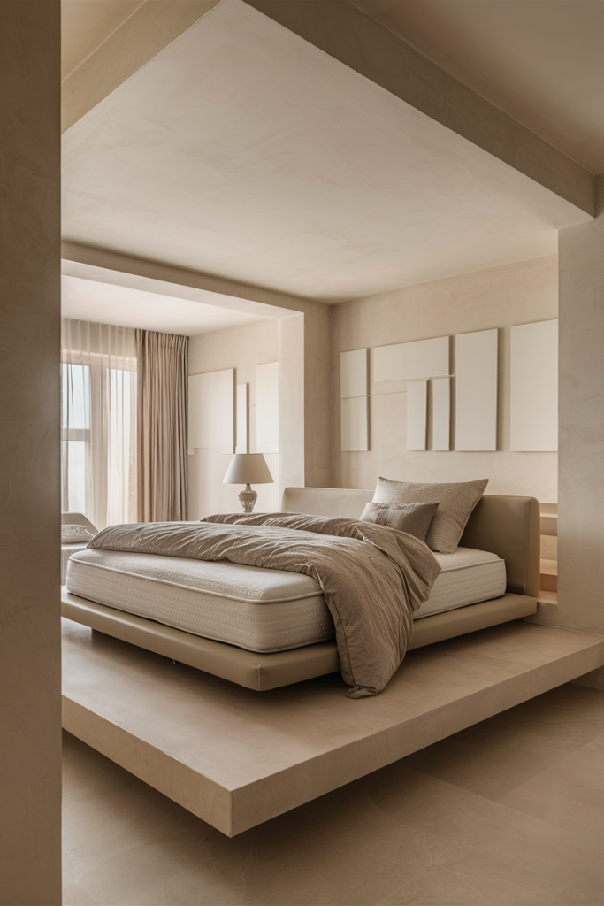 Stunningly designed modern bedroom with a low-profile bed frame