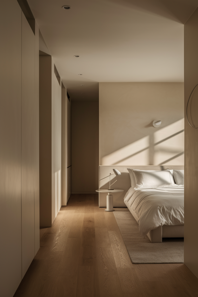 Serene modern bedroom with a sleek, minimalist design approach