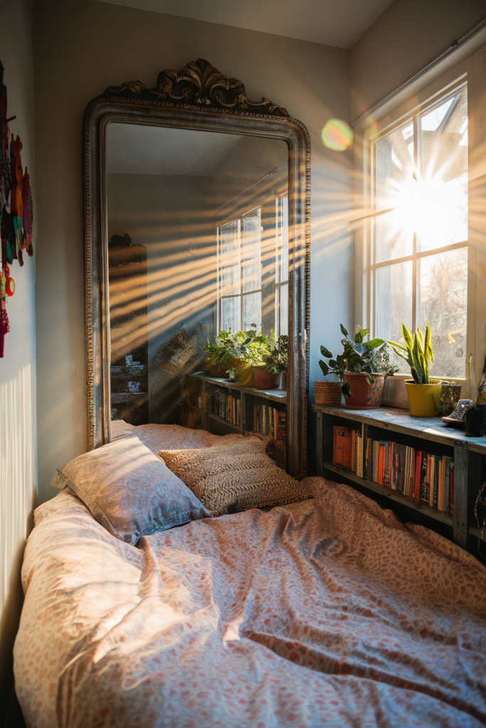 Cozy and vibrant small bedroom featuring a large statement mirror