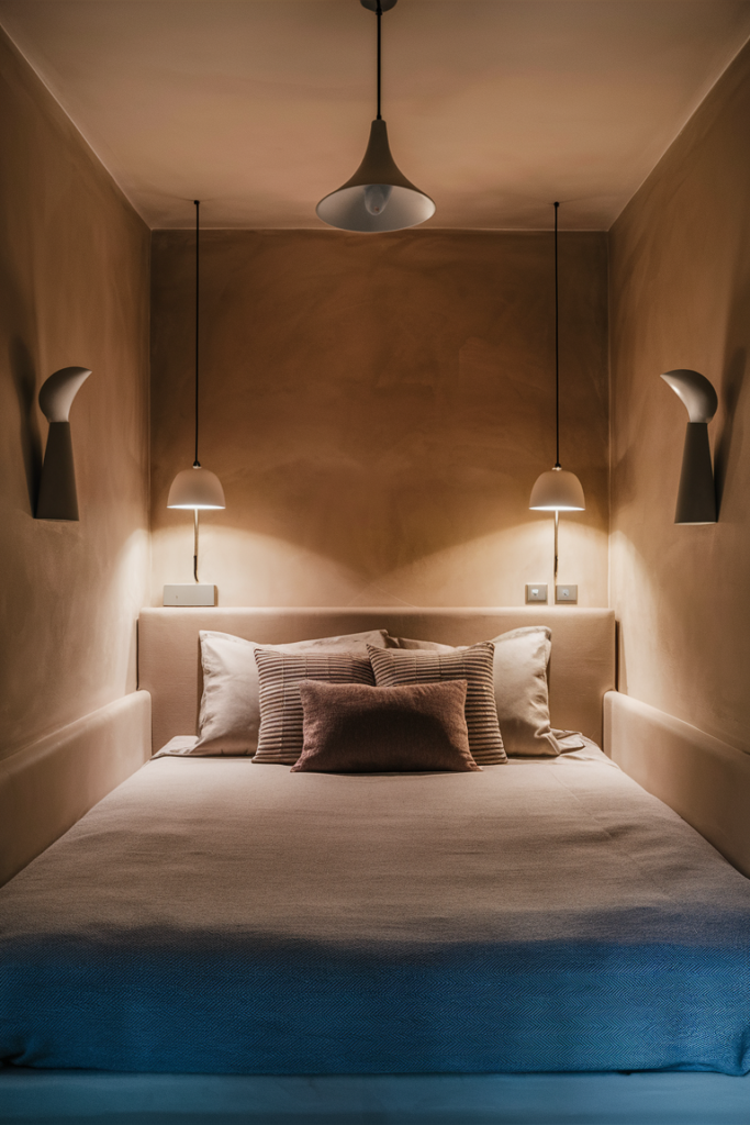 Cozy and stylish modern bedroom with wall-mounted lighting fixtures