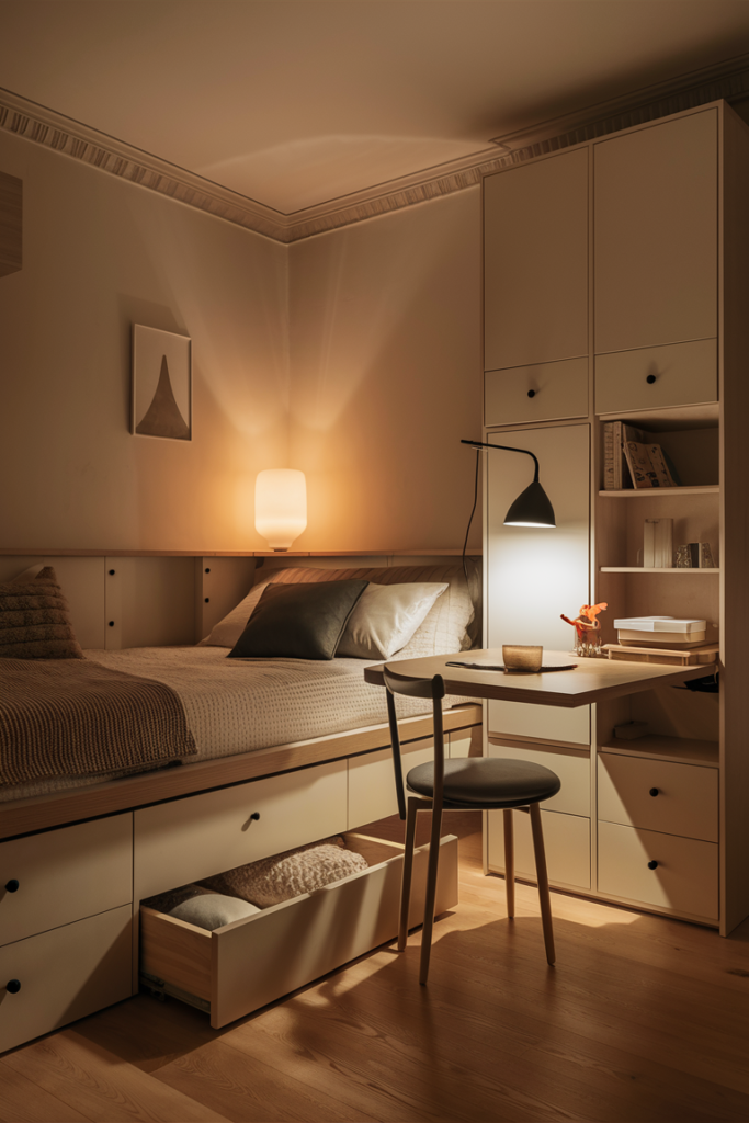 Cozy and stylish small bedroom showcasing multi-functional furniture