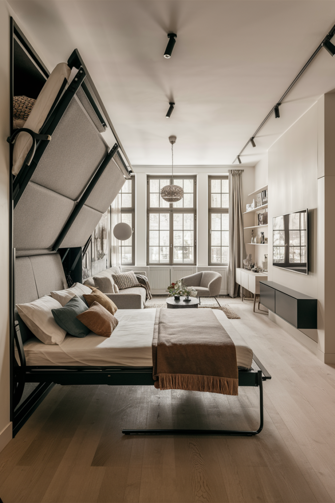 Contemporary and chic living space optimized with a Murphy bed