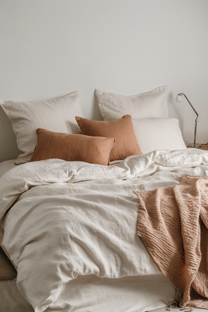 Serene and minimalist bedroom scene with clean, simple bedding