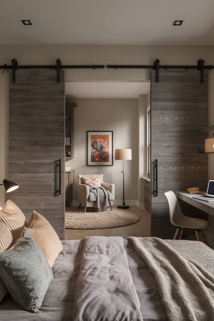 Cozy and contemporary bedroom with sleek sliding closet doors