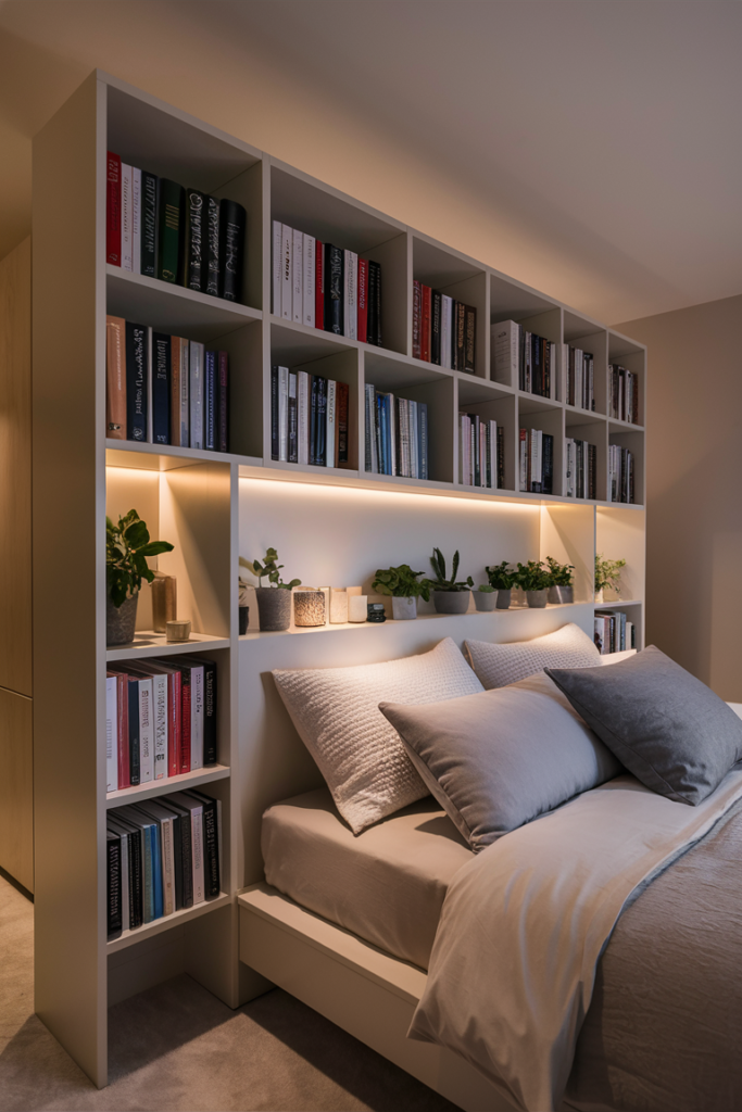 Modern and stylish bedroom with a sleek storage headboard