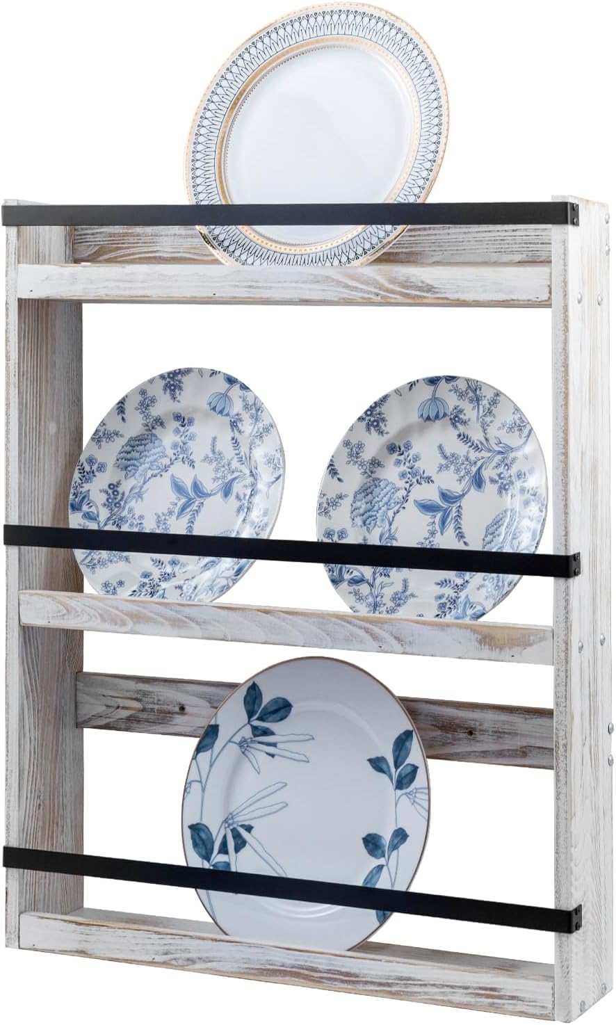 MyGift Wall Plate Display Rack, 3 Tier Farmhouse Whitewashed Wood Wall Mounted Plate Storage Rack, Holds 6-10inch Plates