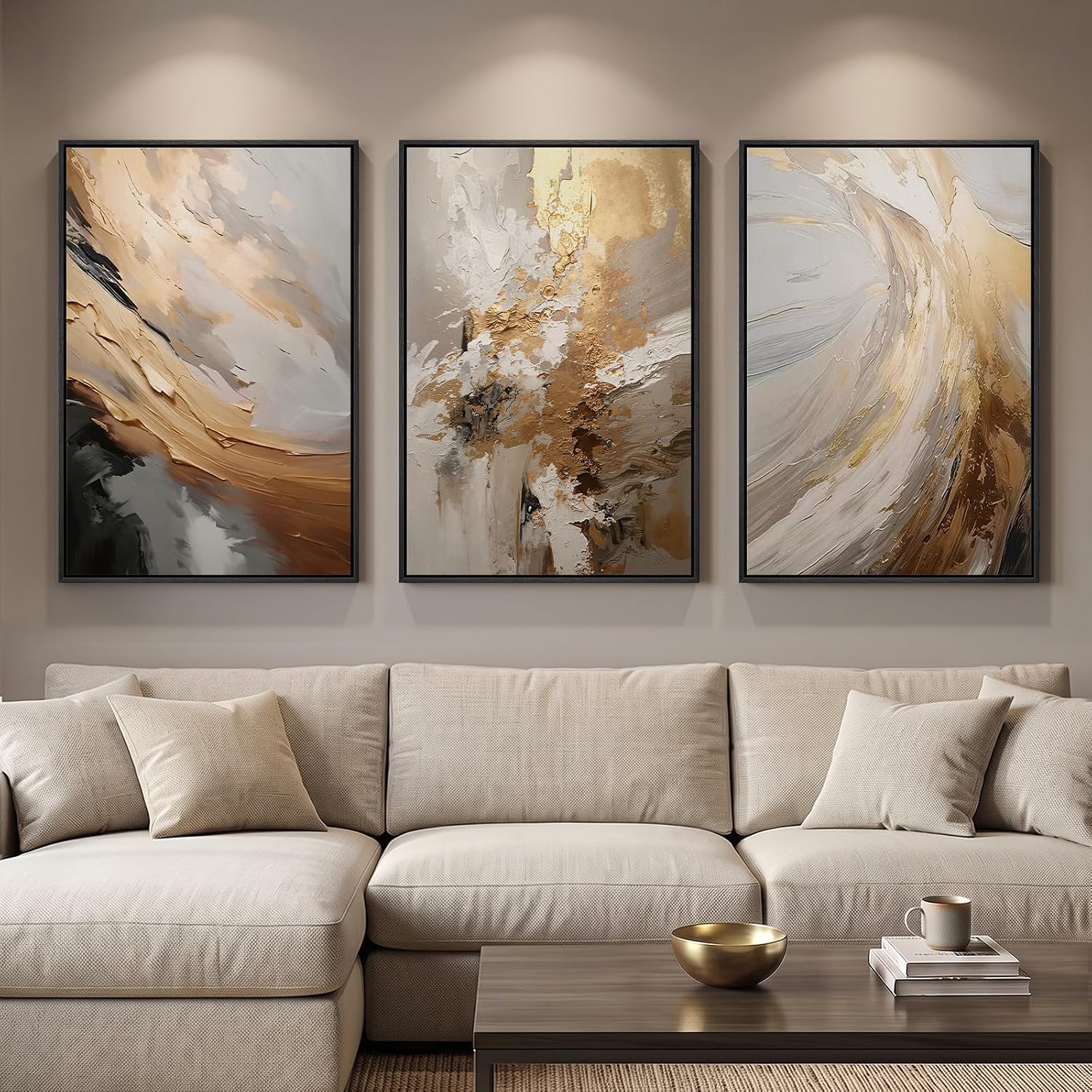 Large Framed Neutral Abstract Wall Art for Living Room, 3 Piece Set, 24x36