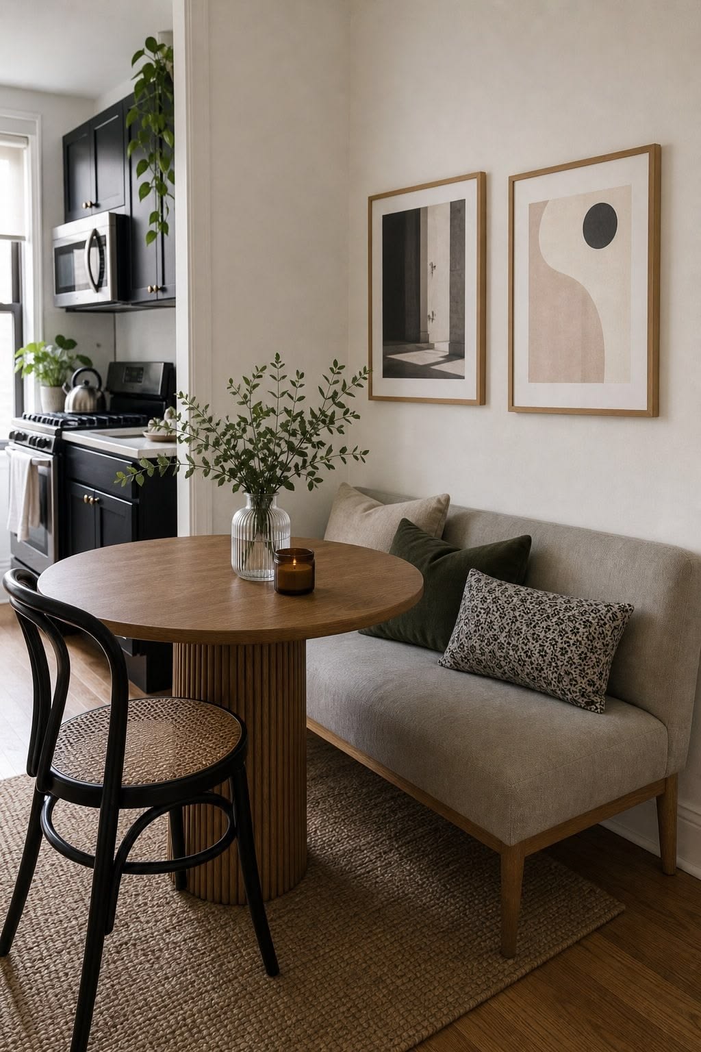 Round dining table paired with a freestanding bench and two chairs against a wall