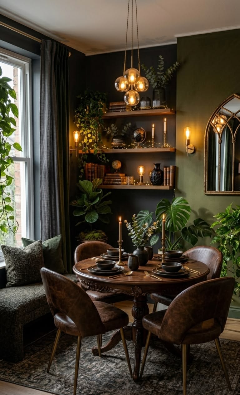 Dark olive green dining room with a round table, wood chairs and layered candlelight