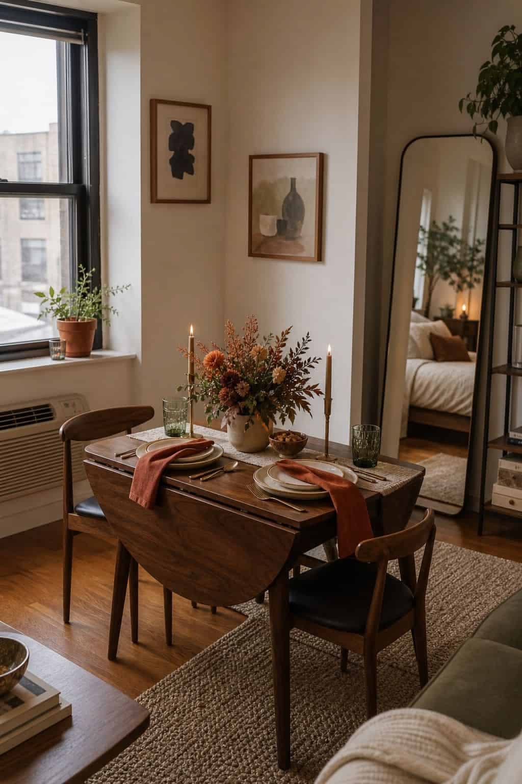 Compact wall-mounted drop-leaf style dining table styled beside a window
