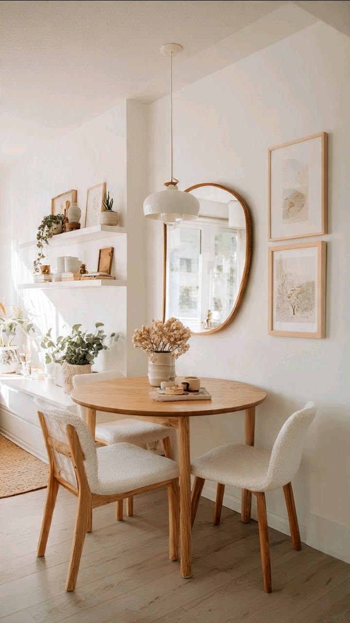 Small round dining table with white chairs beneath a gallery of round mirrors