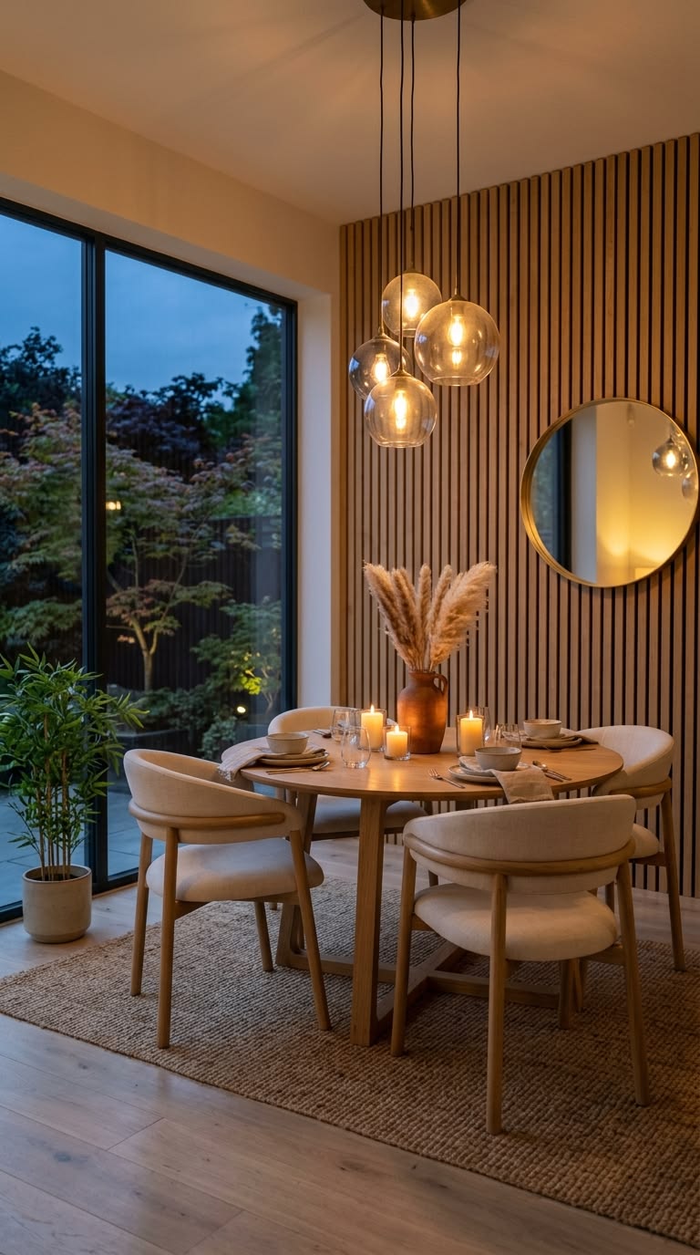 Dining table lit by pendant lights above with a floor-to-ceiling window at dusk