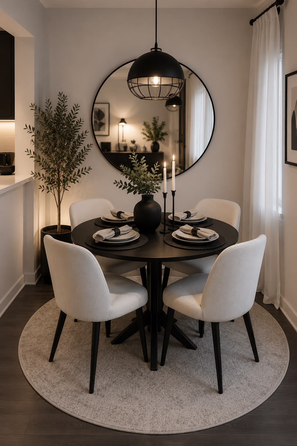 Round black dining table with white chairs beneath a large round mirror and a potted olive tree