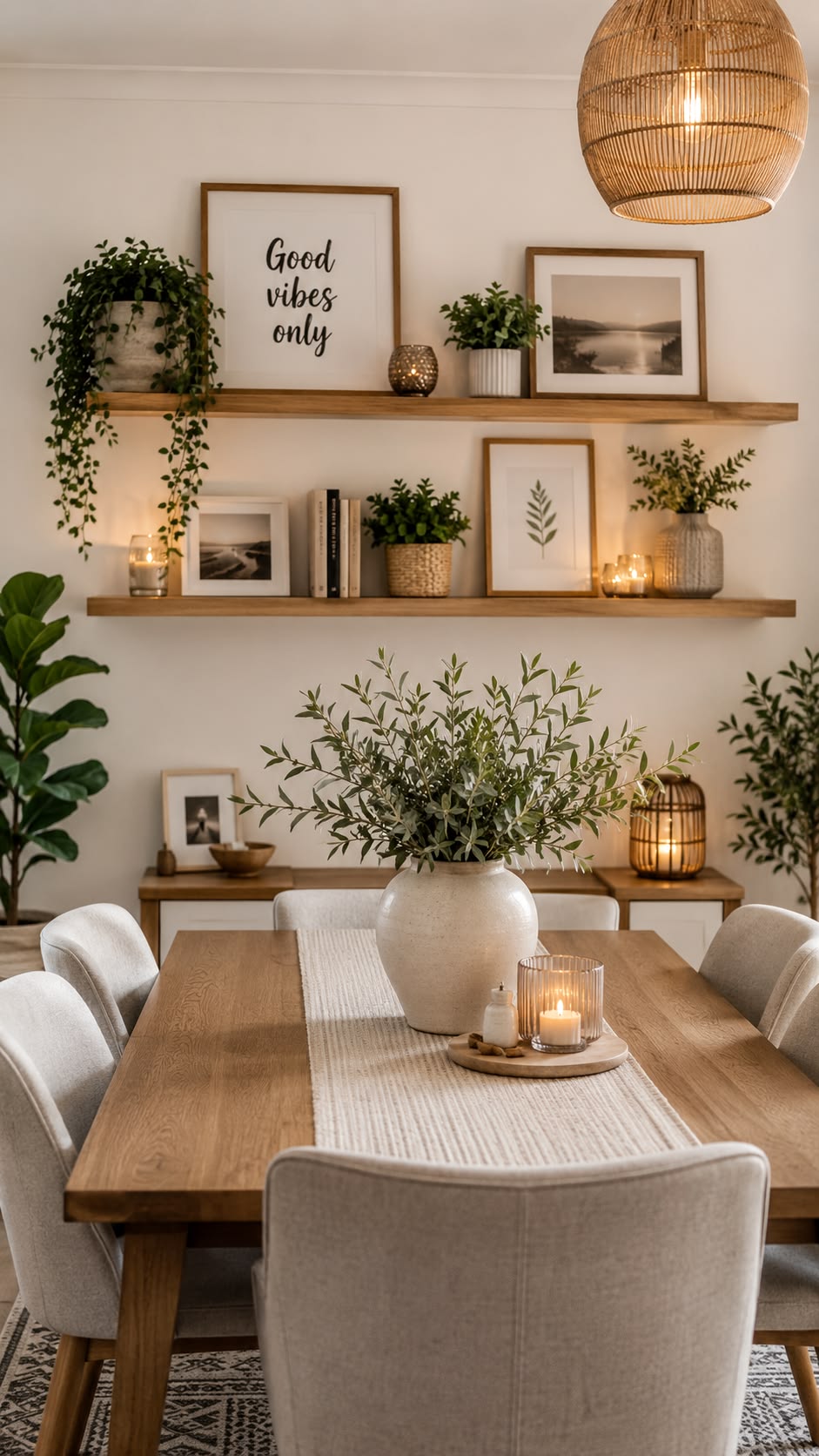 Slim low console styled with candles and decor beneath floating shelves near the dining table