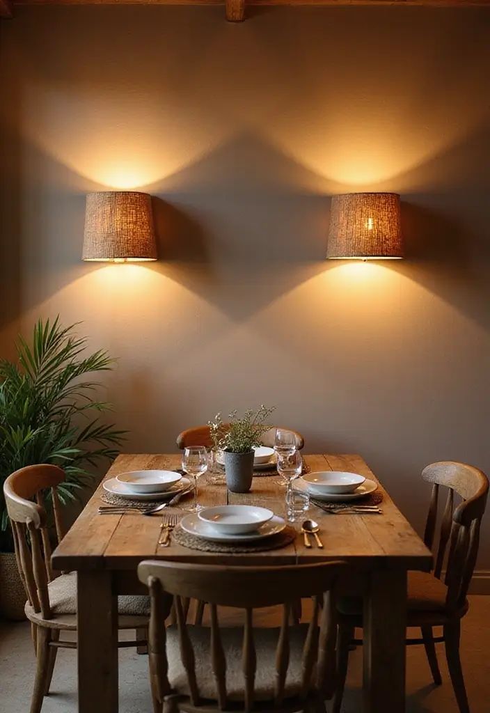 Wall sconces flanking a dining table set against a dark wall for layered lighting