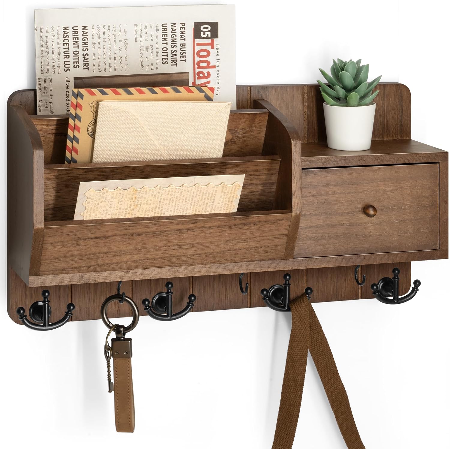 Rebee Vision Wall-Mount Key Holder with Drawer Organizer, Brown