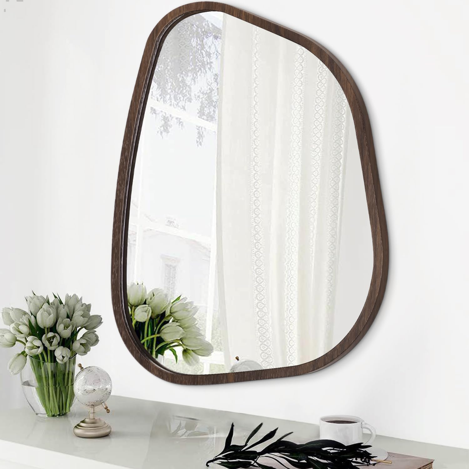 Asymmetrical Wavy Wall Mirror with Irregular Wood Frame