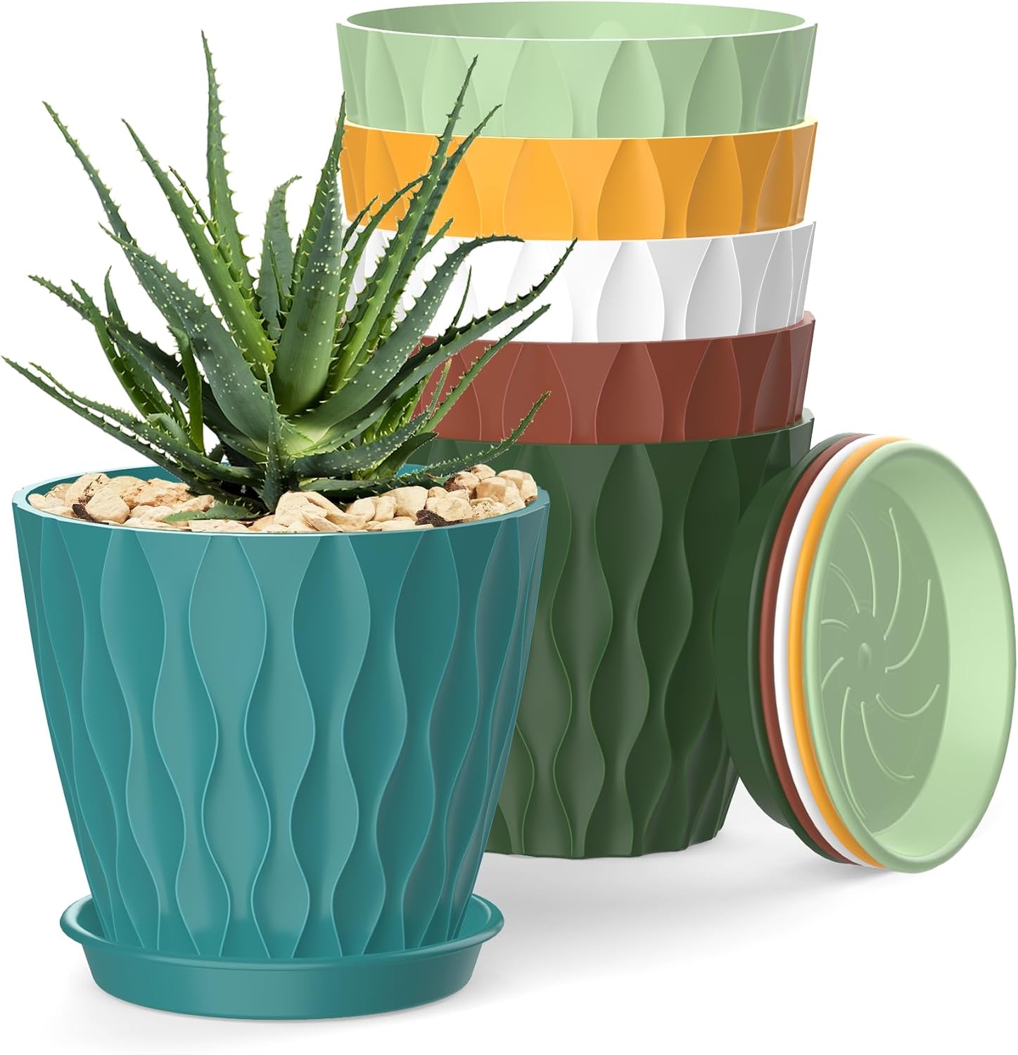 4 Inch Plant Pots with Drainage Holes and Trays, 6 Pack