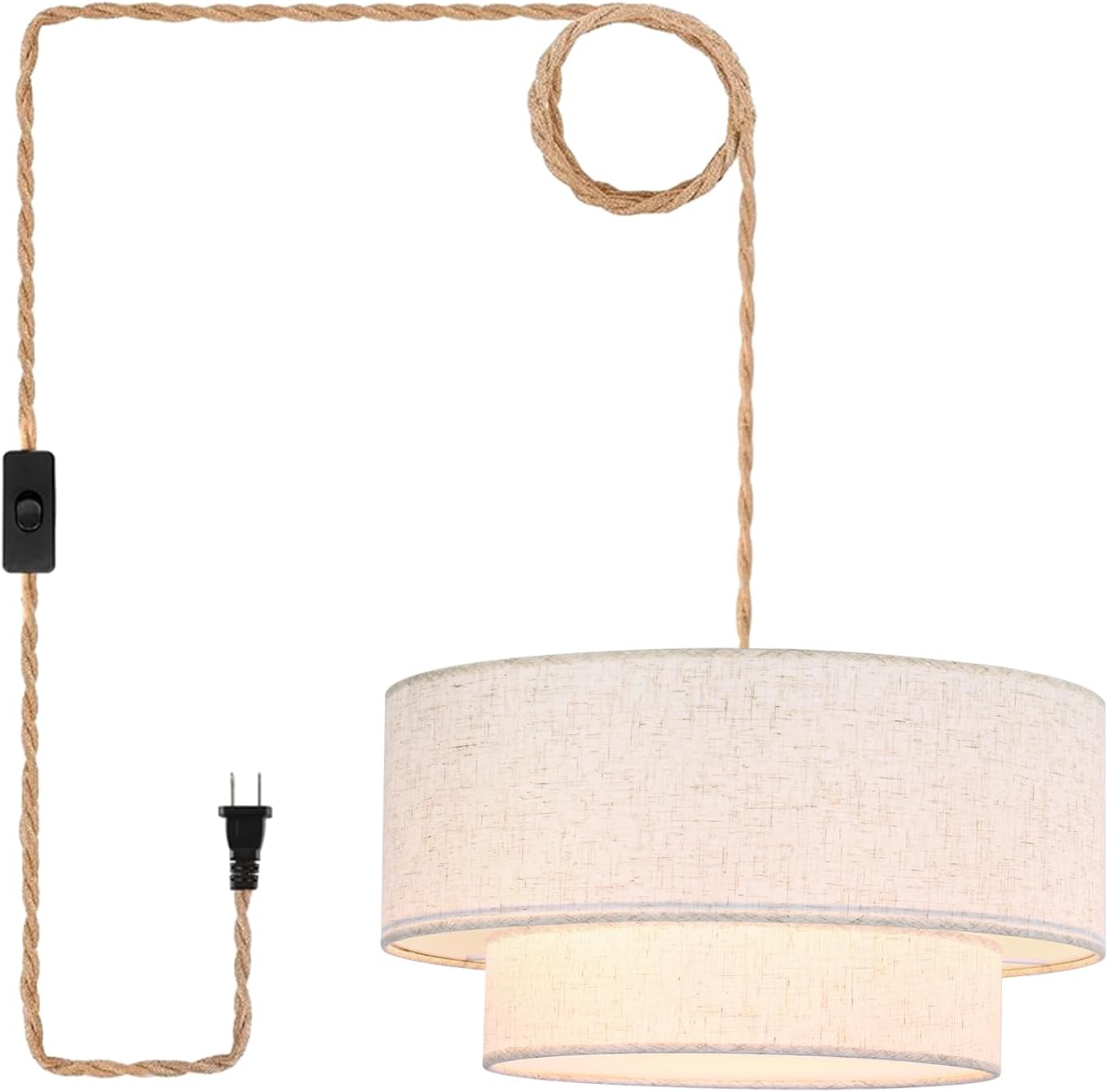 Plug-In 2-Tier Linen Drum Pendant Light with 15.7 Ft Woven Cord