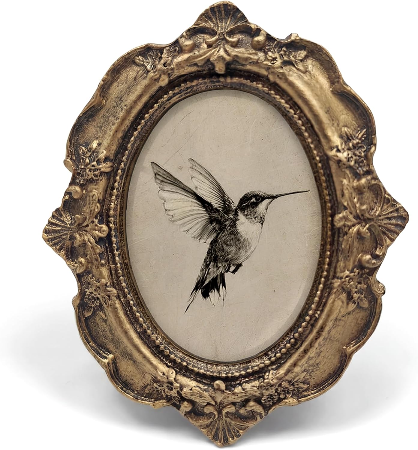 Vintage Hummingbird Small Bronze Oval Picture Frame, Ornate Baroque