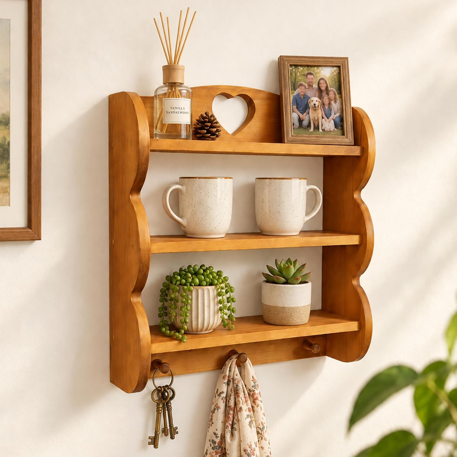 3-Tier Solid Wood Wall Shelf with Hooks, Vintage Scalloped Design