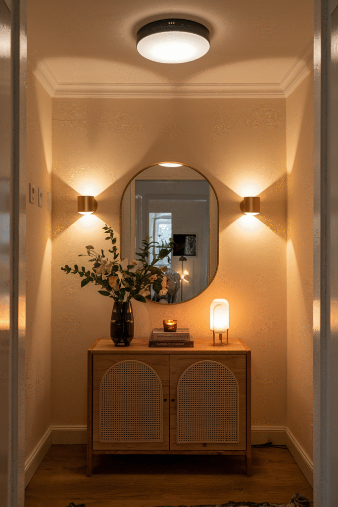 Warm lighting brightening a small, windowless flat entrance