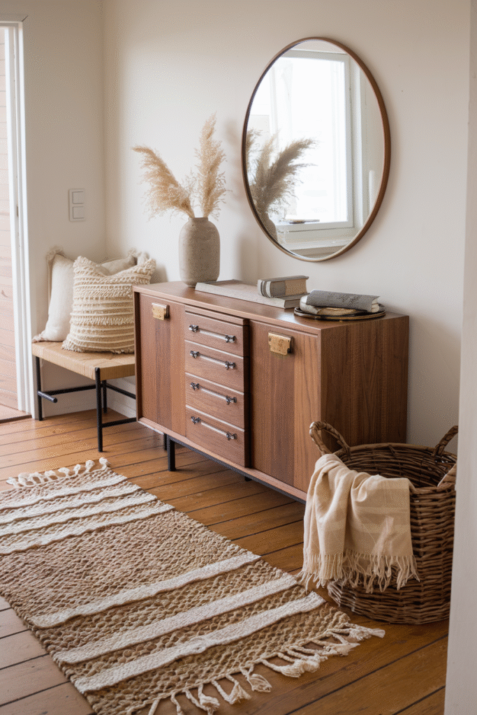 Layered textures adding depth to a compact entrance