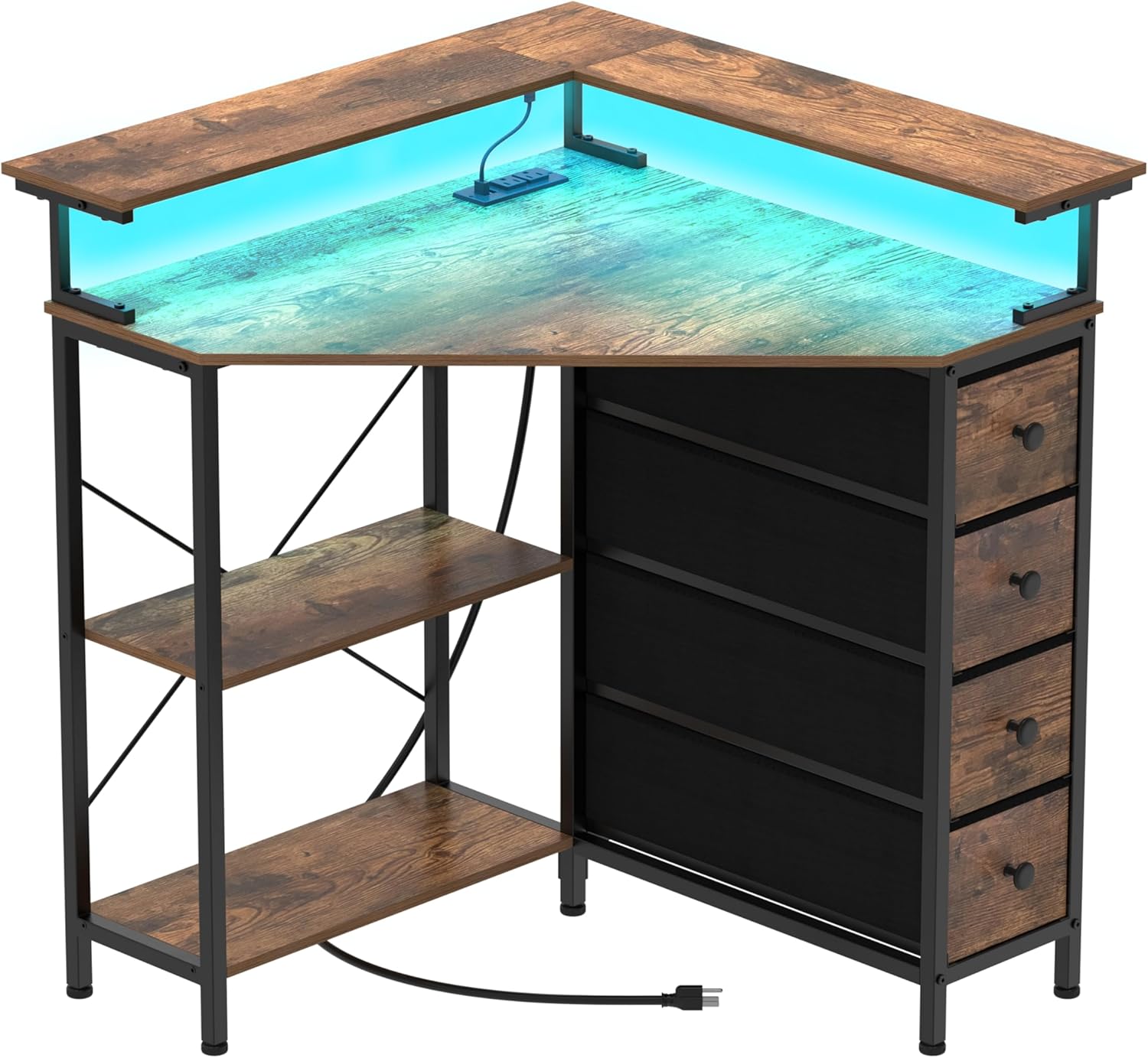 VENNQD Corner Desk with Drawers, Shelves and Power Outlet, Triangle Design