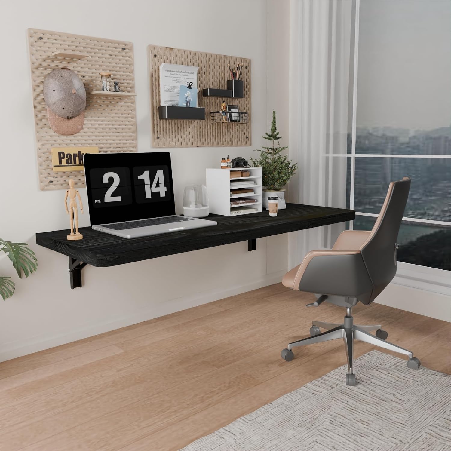 IAE Pine Wood Wall-Mounted Folding Desk, 36 x 14 Inch, Floating