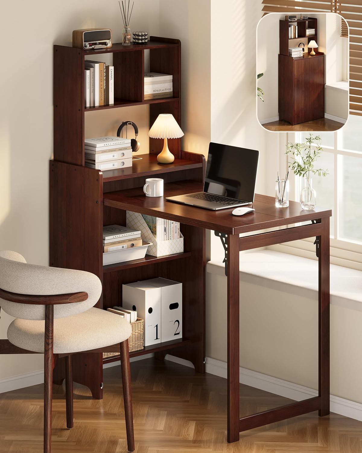 Bamboo Folding Desk with Bookshelf for Small Spaces, Brown