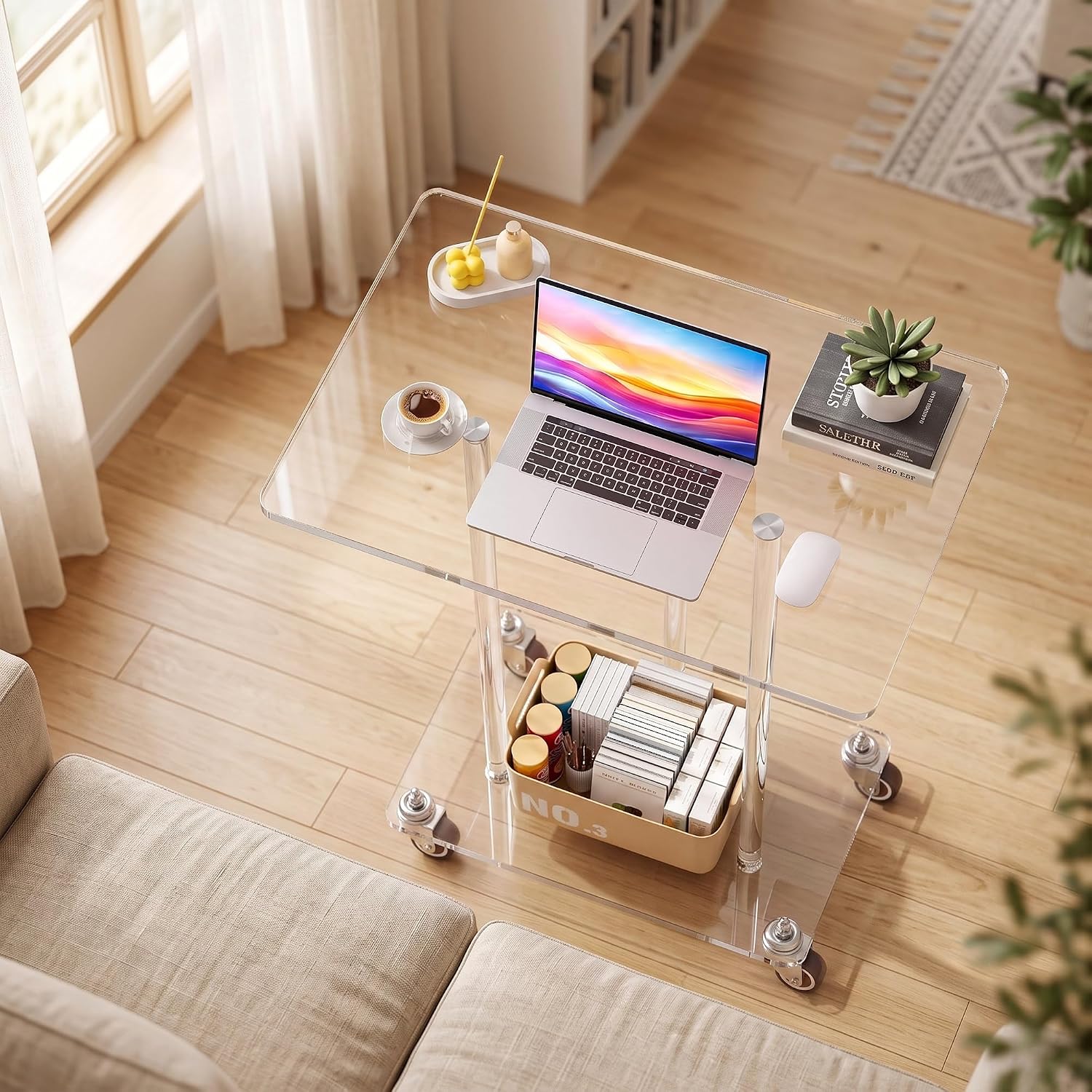 Clear Acrylic Mobile Computer Desk, Rolling Laptop Table with Wheels