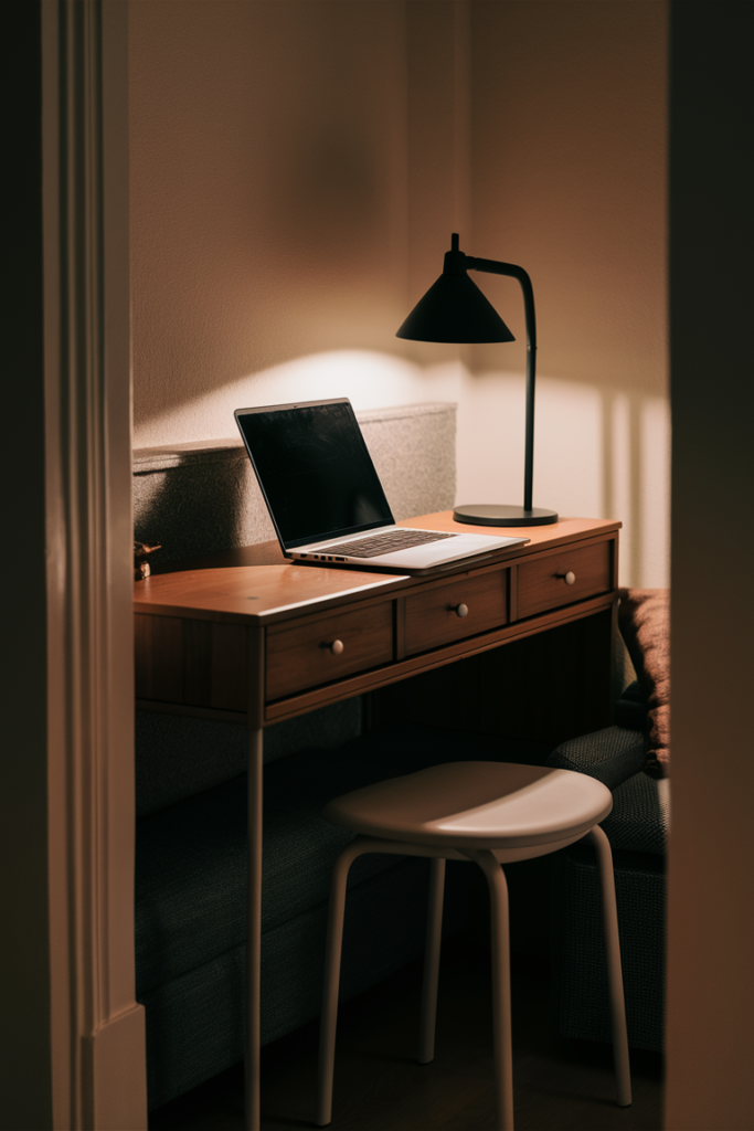 Slim console table doubling as a functional desk