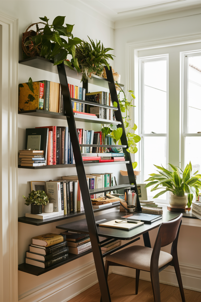 Ladder desk combining work surface and vertical storage