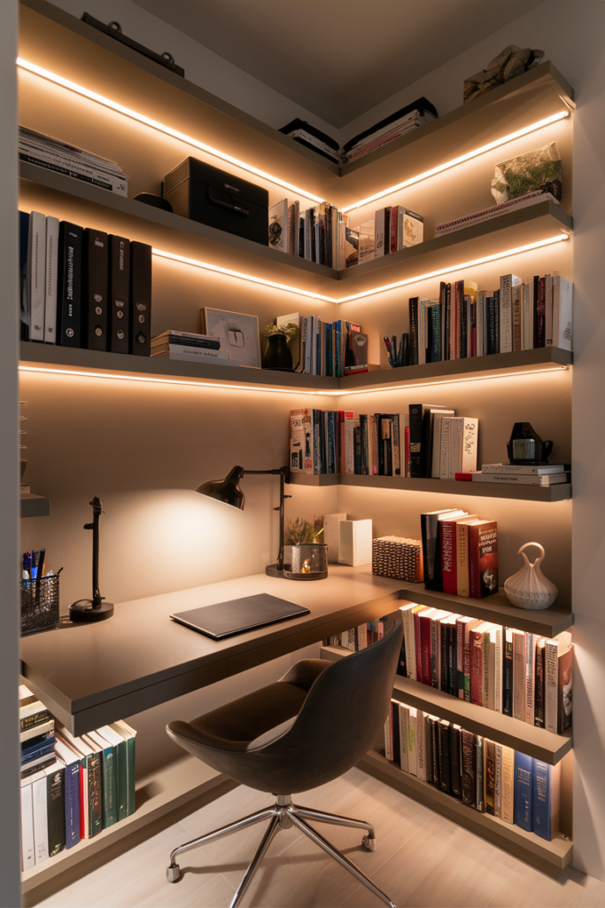 Wall-mounted shelving maximizing a small office's vertical space