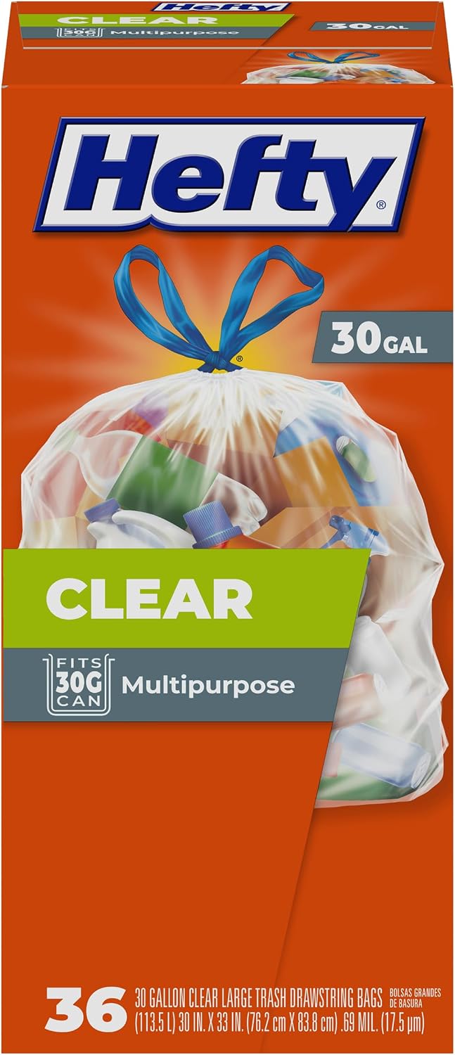 Hefty Clear Large Trash Bags, 30 Gallon, 36 Count, Scent Free