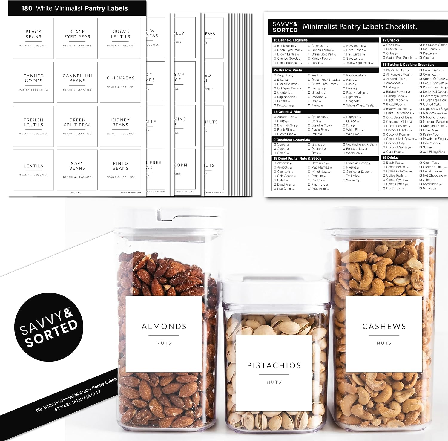 SAVVY and SORTED Minimalist Pantry Labels, 180 Waterproof Vinyl Stickers