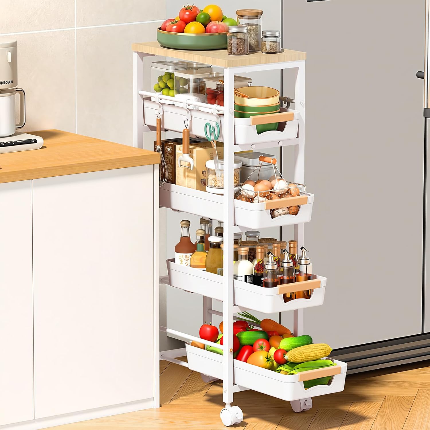 SUNALLY Slim Rolling Storage Cart, Narrow Kitchen Cart, White