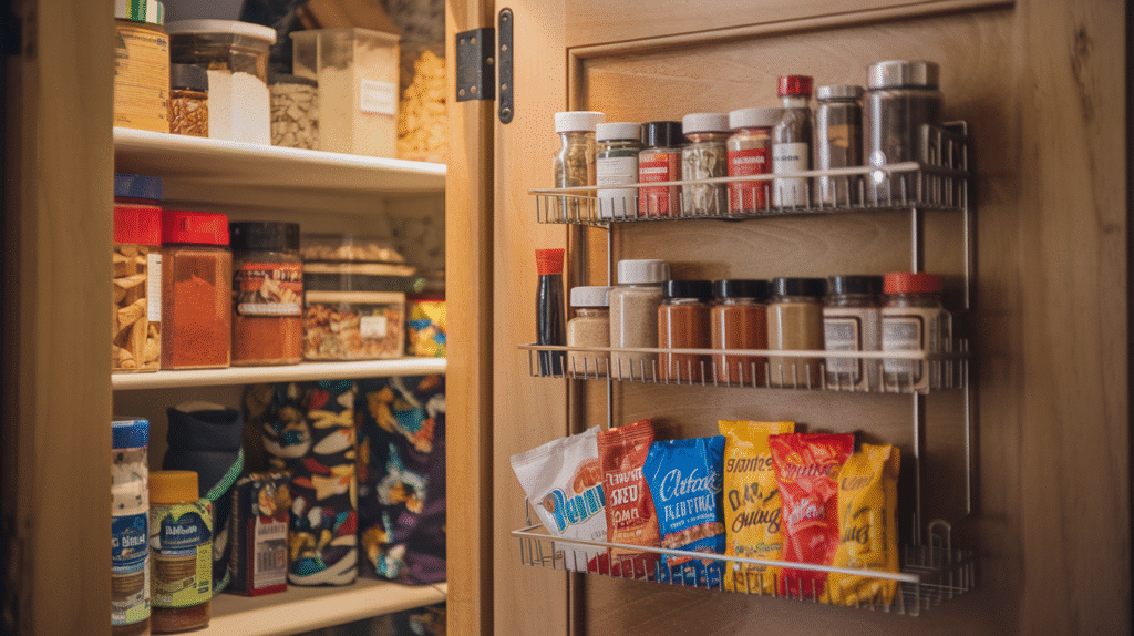 Over-the-door pantry rack organizing spices and small jars