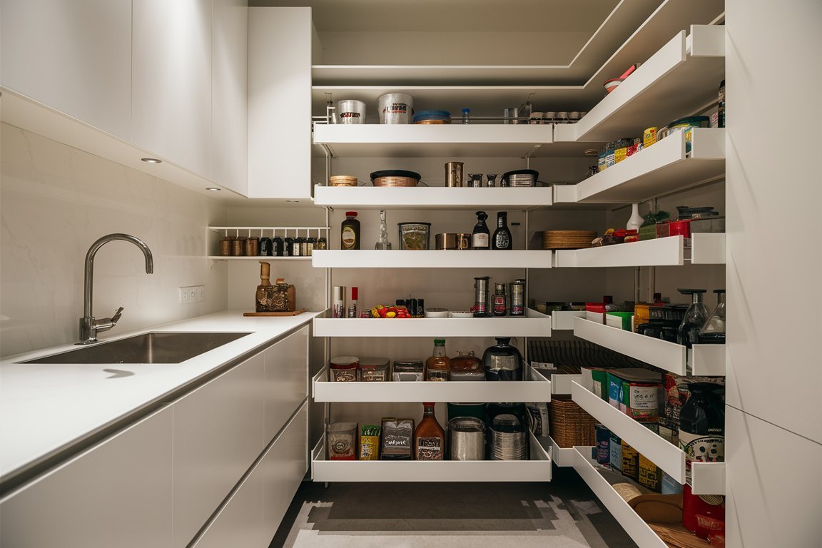 Modern pantry with pull-out shelving neatly organized with canned goods and jars