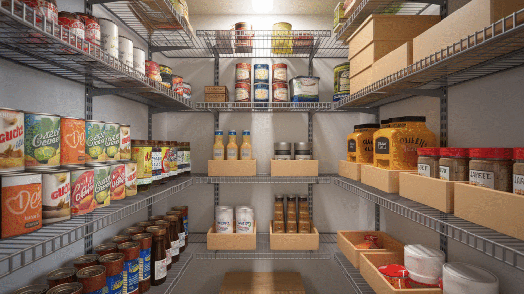 Tiered pantry shelving maximizing vertical storage space