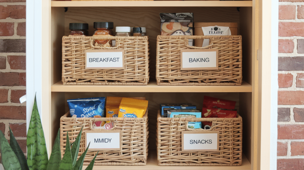 Woven baskets zoning a pantry into breakfast, baking and snack sections