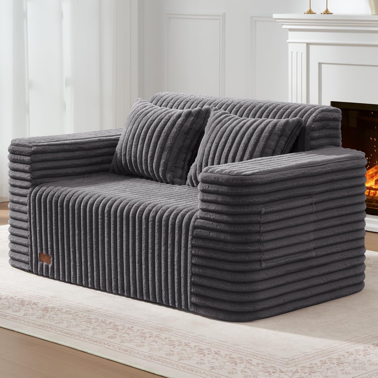 ZurNesfure Boneless Corduroy Loveseat Sofa with Pillow, Grey