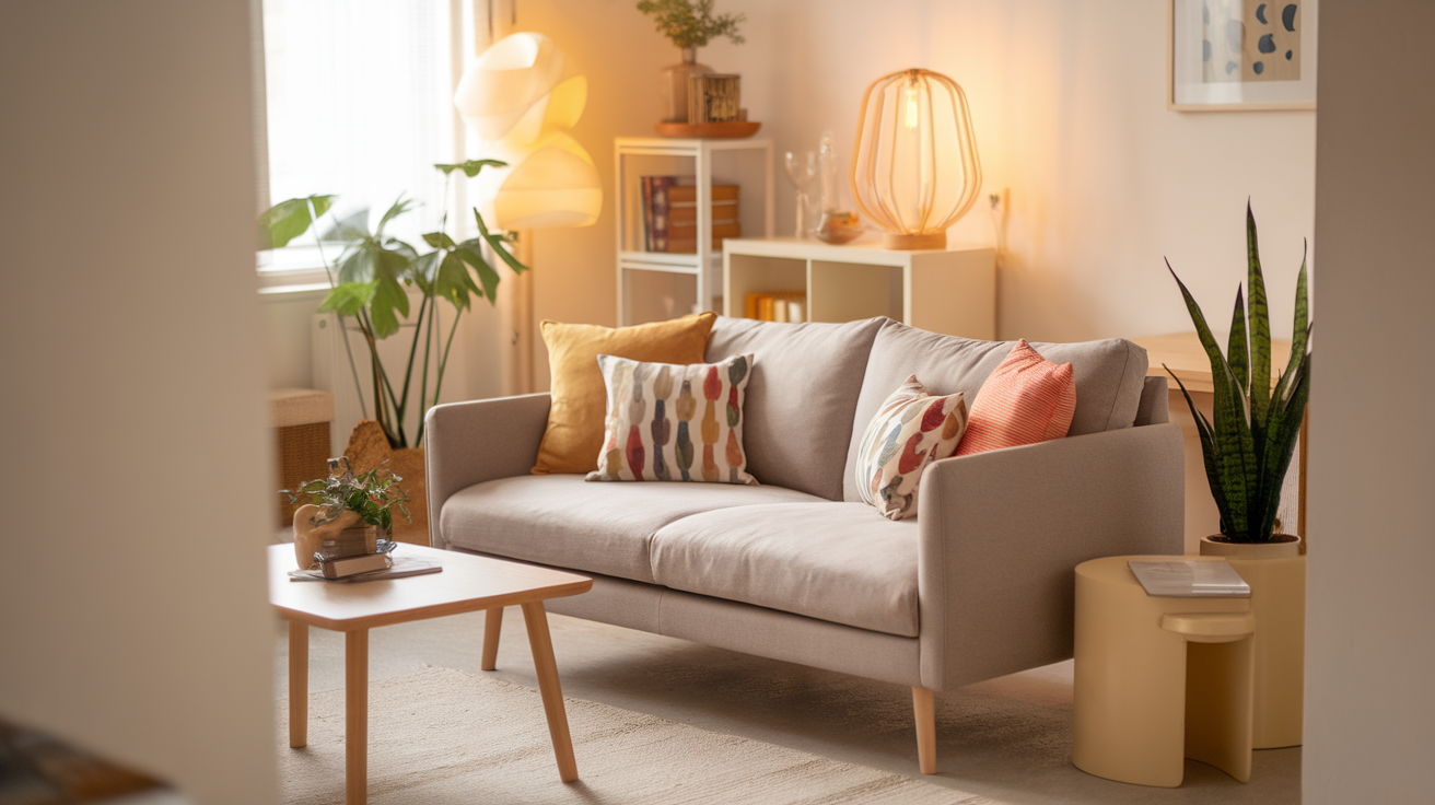 A small living room furnished with a sofa that actually fits