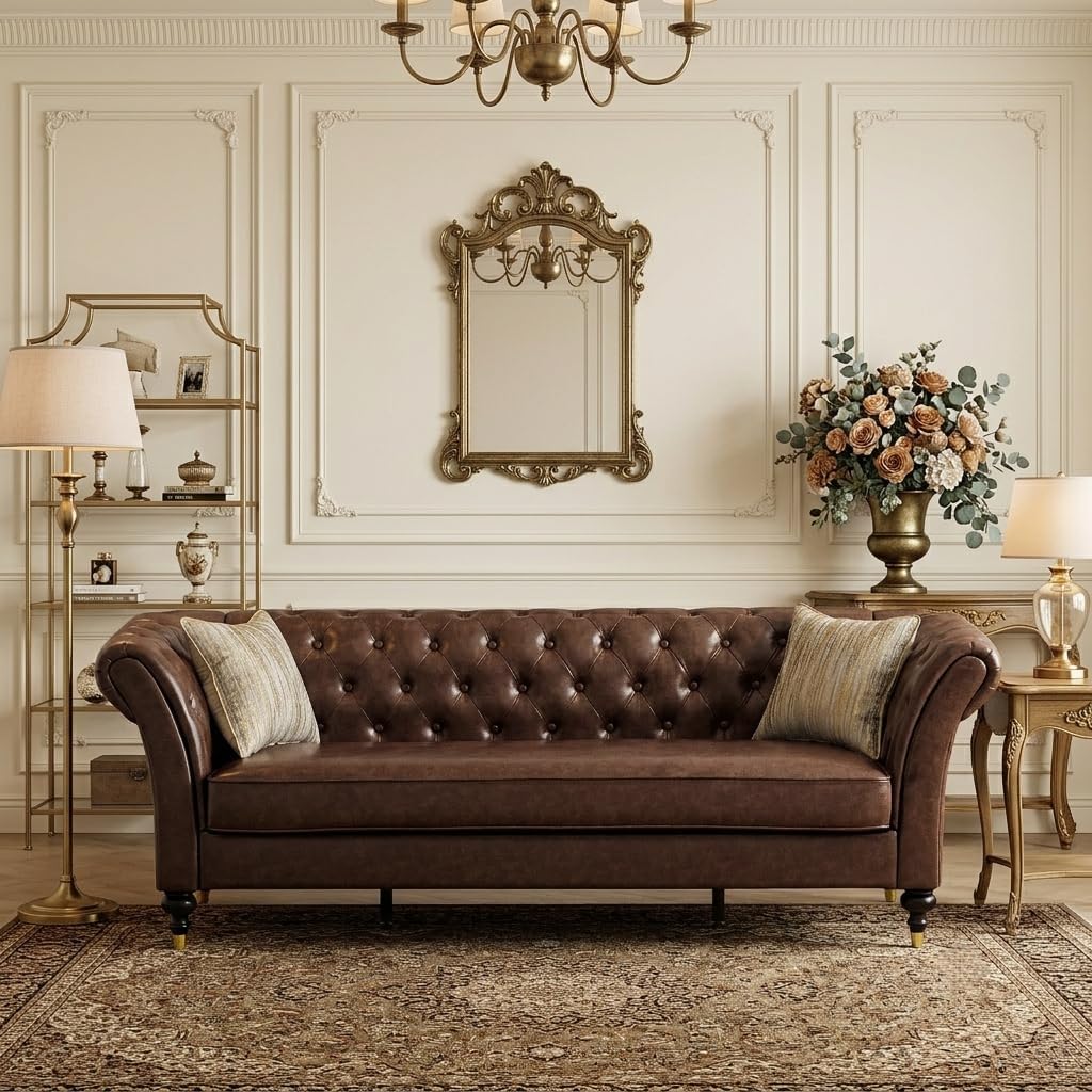 Brown faux leather Chesterfield sofa with deep button tufting in a traditional living room