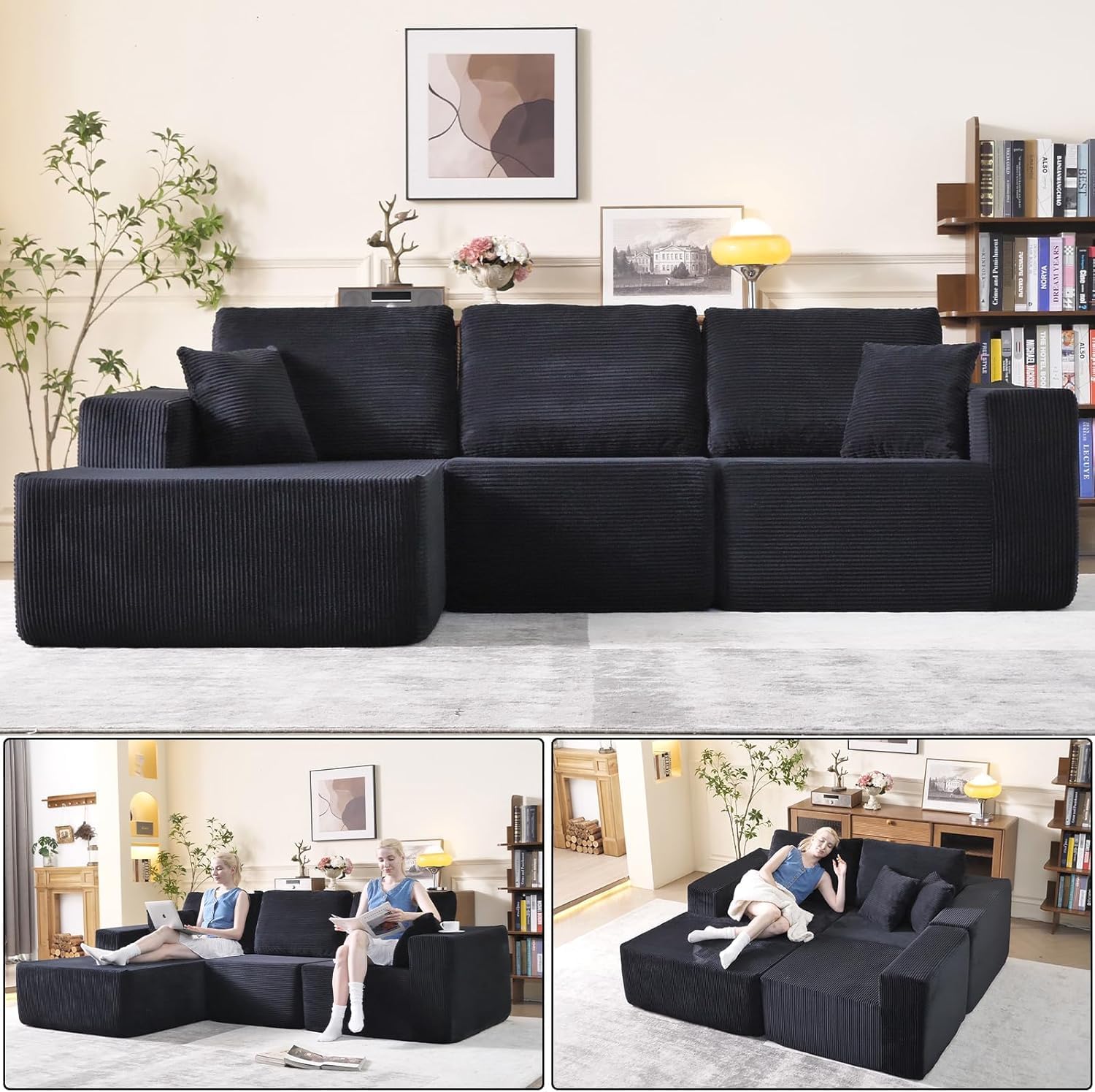 Black modular sectional sofa with a deep seat and L-shape chaise