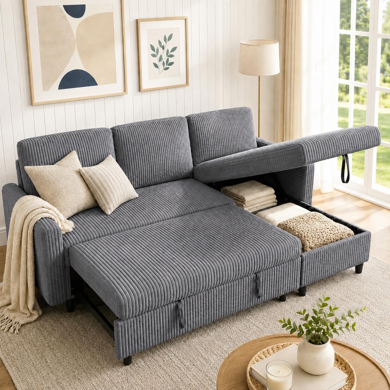 Modern gray corduroy sectional sofa with reversible chaise in a living room