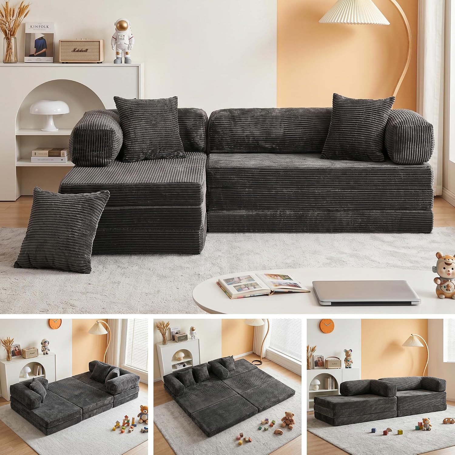 Dark gray modular sofa shown with its sections separated for reconfiguring